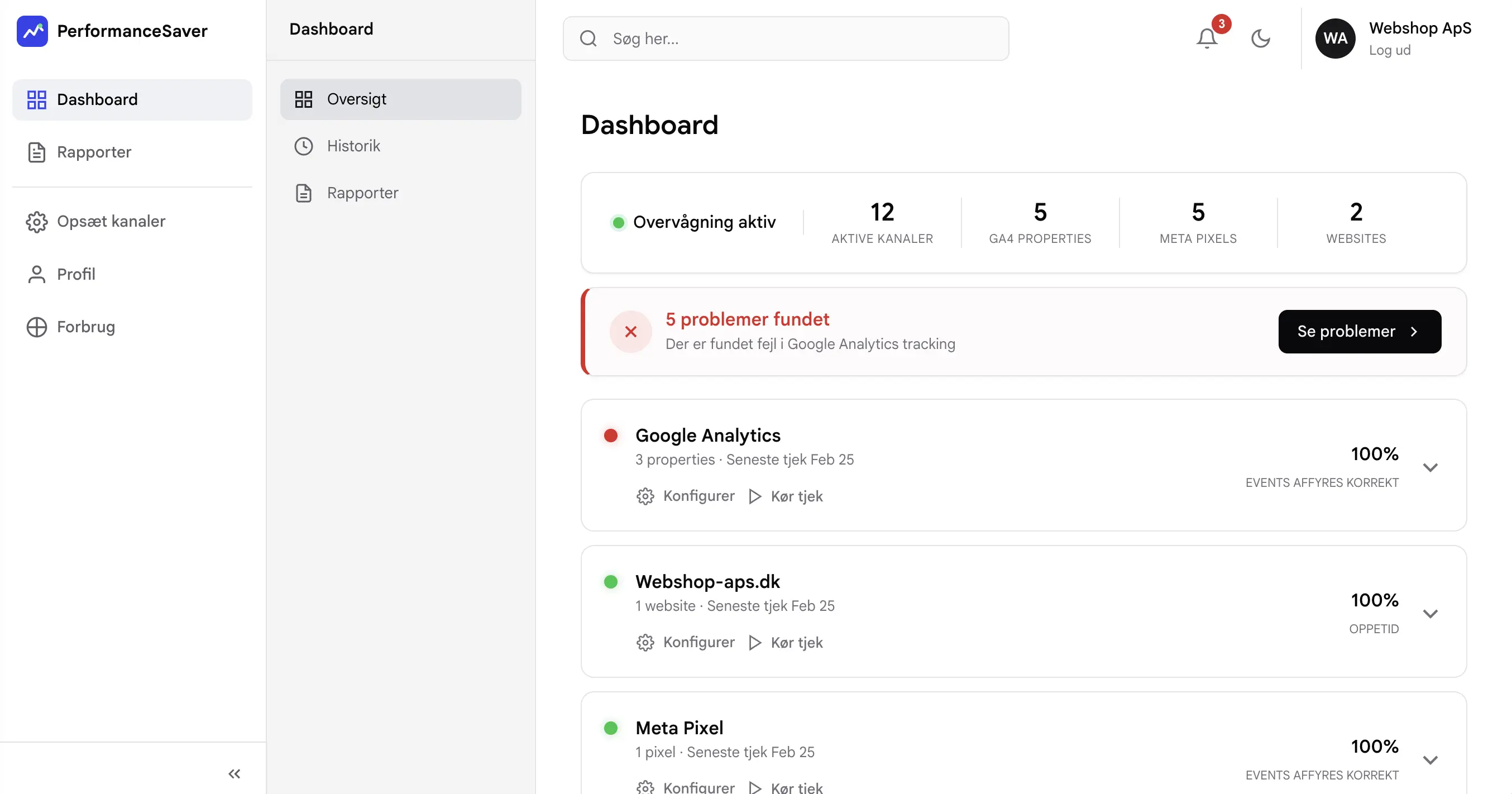 PerformanceSaver dashboard